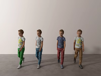 Men in Different Colored T Shirts and Pants Standing Against White Wall and Gray Floor 3d model