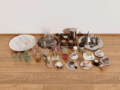 Assorted Beverages Collection with Cups Tea Sets Coffee Makers Glassware and Ceramic Mugs 3d model