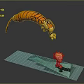 Cartoon Tiger Jumping Above Blond Boy Standing On Green Board With Gray Background