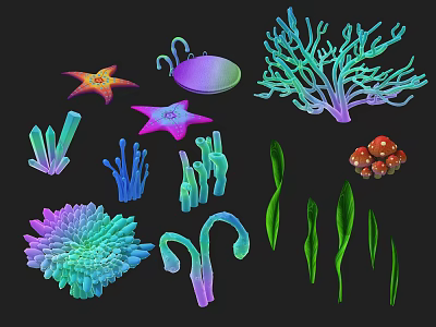 Vibrant Underwater Marine Plants with Colorful Coral Seaweed Starfish and Green Leaves 3d model