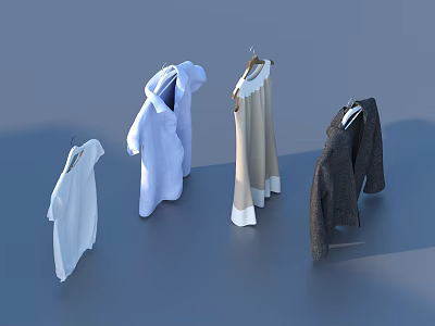 Assorted Clothes on Hangers in White Light Beige and Dark Gray Styles 3d model