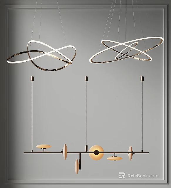 Modern Intertwined Circular Ring Chandeliers With Illuminated Metallic Finish Ceiling Mounted In Modern Interior 3d model 