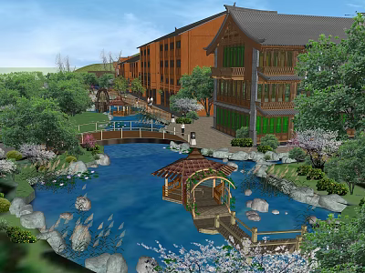 Traditional Chinese Garden Landscape With Pond Stone Bridge Pavilion And Rock Formations 3d model