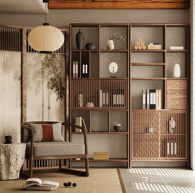 Cozy Chinese Style Leisure Chair With Wooden Bookshelves Lantern Bamboo Decor Gray Red Cushions 3d model 