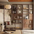 Cozy Chinese Style Leisure Chair With Wooden Bookshelves Lantern Bamboo Decor Gray Red Cushions