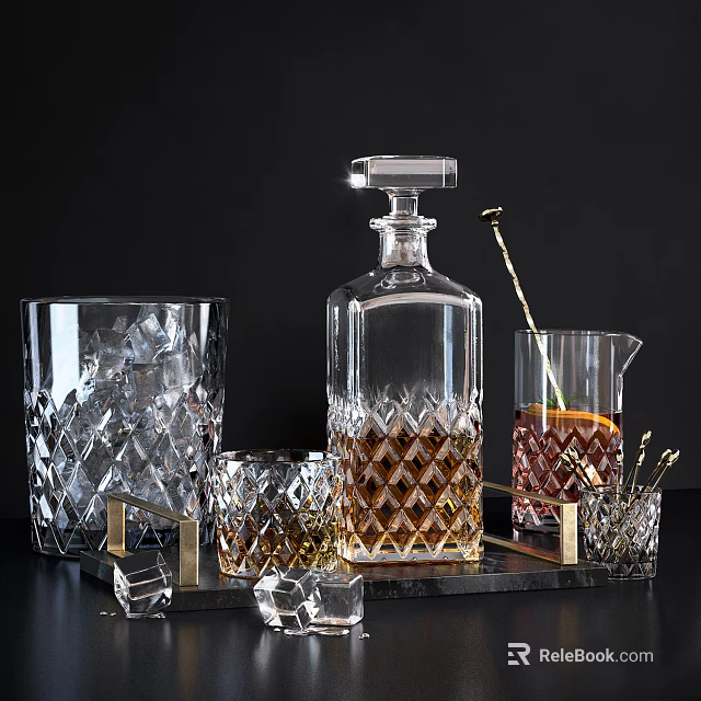 Elegant Crystal Glass Tableware Set With Diamond Cut Decanter Tumbler And Tools On Black Tray 3d model 