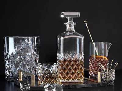 Elegant Crystal Glass Tableware Set With Diamond Cut Decanter Tumbler And Tools On Black Tray 3d model