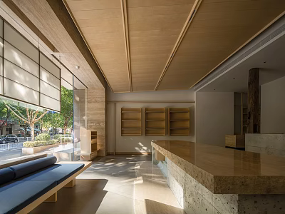 Cozy Dessert Shop Interior With Wooden Ceiling And Large Windows 3d model