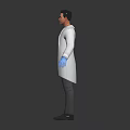 Man Wearing White Lab Coat Blue Gloves Gray Pants And Gray Shoes On Dark Background