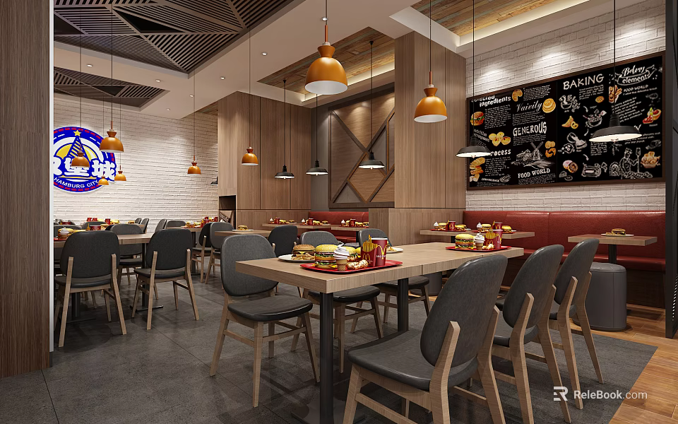 Cozy Restaurant Interior With Wooden Decor Pendant Lights Red Seating And Wall Bakery Art 3d model 