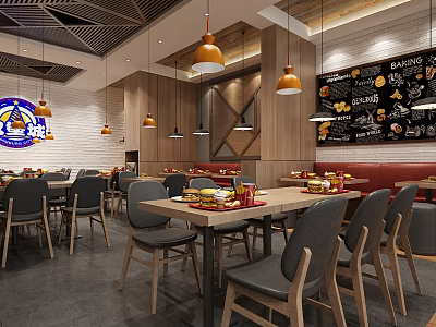 Cozy Restaurant Interior With Wooden Decor Pendant Lights Red Seating And Wall Bakery Art 3d model