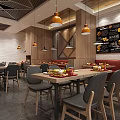 Cozy Restaurant Interior With Wooden Decor Pendant Lights Red Seating And Wall Bakery Art