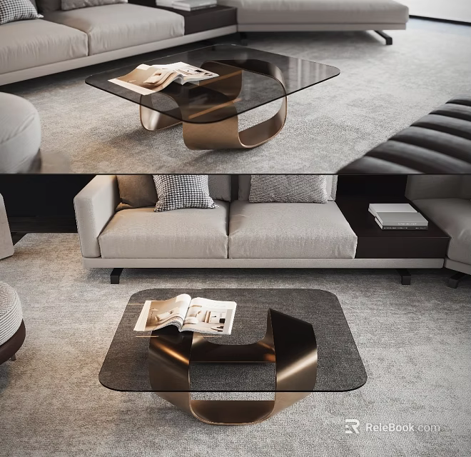 Elegant Modern Coffee Table With Glass Top Bronze Frame And Open Magazines In Living Room 3d model 