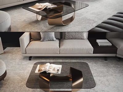 Elegant Modern Coffee Table With Glass Top Bronze Frame And Open Magazines In Living Room 3d model