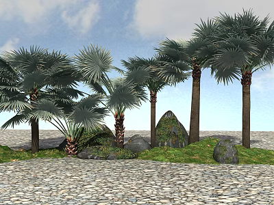 Palm Trees in Landscape With Blue Sky Rocks Green Grass And Gravel Ground 3d model