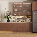 Wooden Sideboard with Glass Door Display Shelves Built-in Lighting and Vase with Flowers