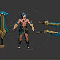Shirtless Warrior With Feathered Headdress Ornamented Arms And Large Shield Two Curved Blades 3d model