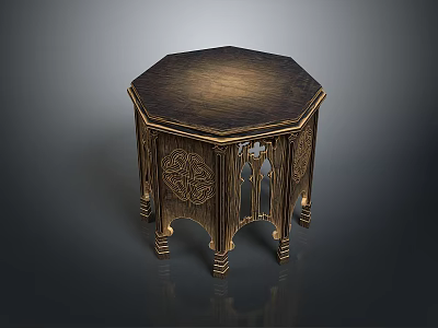 Elegant Classic Octagonal Stool Featuring Wooden Top Intricate Carvings And Ornate Legs 3d model