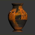 Sculpted Vase With Two Handles And Orange Black Figural Carvings