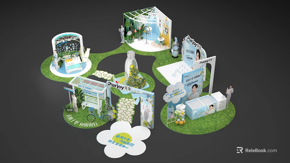 Innovative Exhibition Booth Design With Multiple Display Stands Green Grass And Brand Signs 3d model 