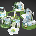 Innovative Exhibition Booth Design With Multiple Display Stands Green Grass And Brand Signs