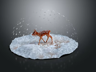 Cute Spotted Fawn Standing Inside Glass Globe On Snowy Ground With Falling Snowflakes 3d model