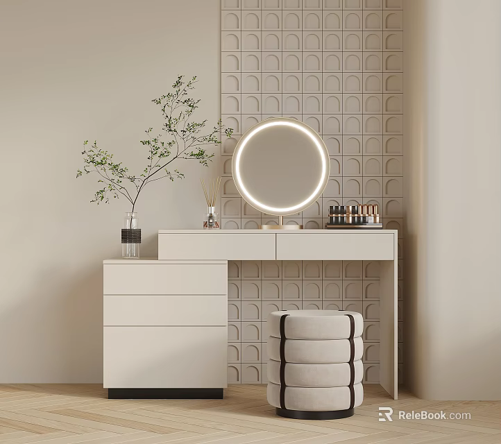 Modern Minimalist Dressing Table With Round Backlit Mirror Green Plant And Fabric Stool 3d model 
