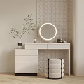 Modern Minimalist Dressing Table With Round Backlit Mirror Green Plant And Fabric Stool