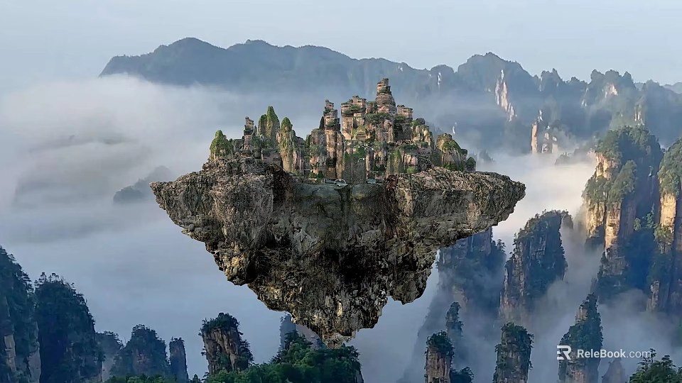 Scenic View of Floating Stone Peak With Ancient Buildings Amidst Clouds and Mist 3d model 