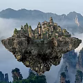 Scenic View of Floating Stone Peak With Ancient Buildings Amidst Clouds and Mist