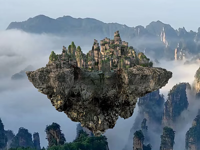 Scenic View of Floating Stone Peak With Ancient Buildings Amidst Clouds and Mist 3d model