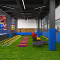 Indoor Basketball Court With Wooden Flooring Blue Markings Basketball Hoops And Firesun Banners