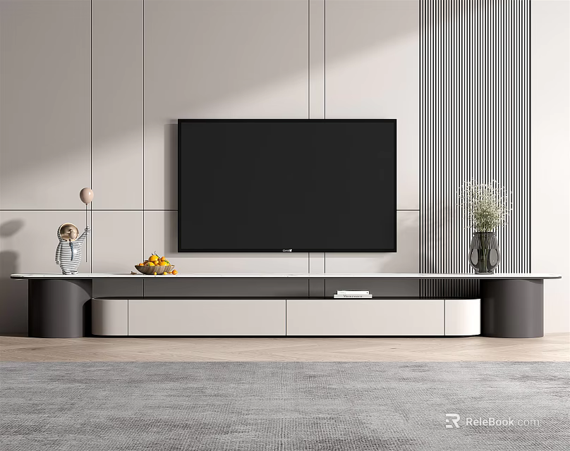 Sleek Modern TV Stand with Flat Screen TV and Storage Drawers in Minimalist Living Room 3d model 