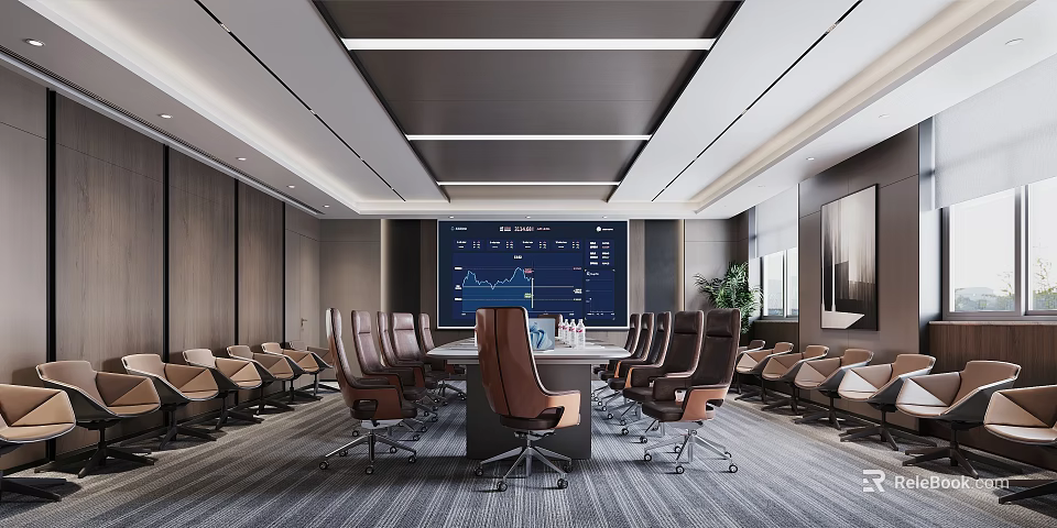 Modern Conference Room Interior Design With Large Meeting Table Leather Chairs And Digital Display Screen 3d model 