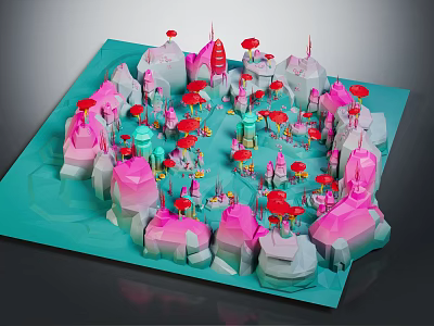 Colorful Whimsical Cartoon Scene With Pink White Geometric Buildings Red Umbrella Structures And Green Towers 3d model
