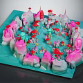 Colorful Whimsical Cartoon Scene With Pink White Geometric Buildings Red Umbrella Structures And Green Towers