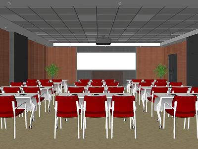Conference Room Interior With Red Chairs White Tables Projection Screen Green Plants And Wooden Walls 3d model
