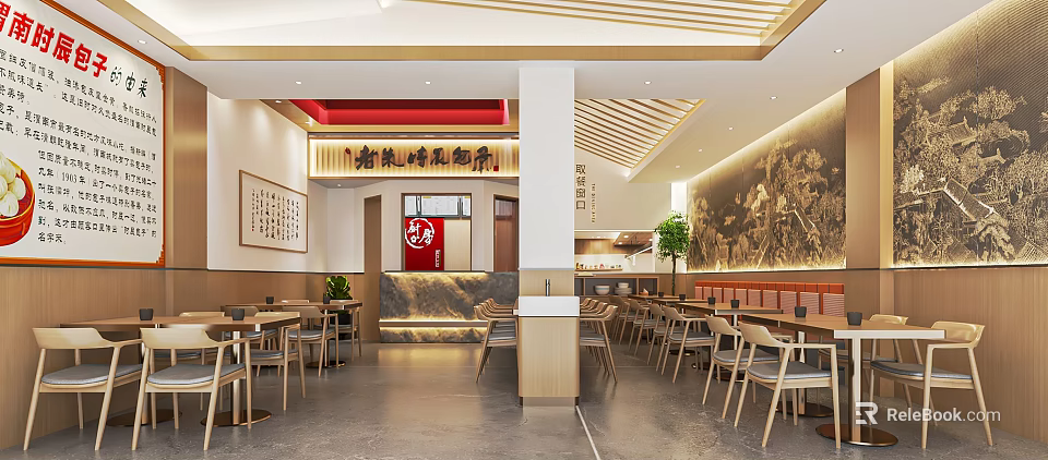 Chinese Style Restaurant Interior With Wooden Tables Decorative Paintings Counter And Green Plants 3d model 