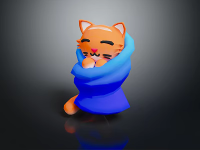 Cute Orange Cat Wrapped In Blue Blanket 3D Model Figure 3d model