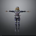 Woman in Blue and White Armor With Helmet Blonde Hair Arms Outstretched Gray Background