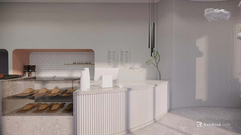 Modern Milk Tea Shop Interior With Curved White Counter Display Shelves And Menu Board 3d model 