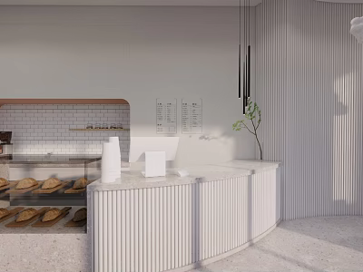 Modern Milk Tea Shop Interior With Curved White Counter Display Shelves And Menu Board 3d model