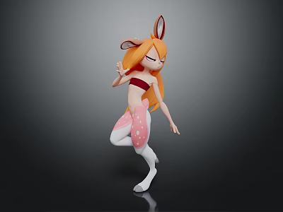 3D Cartoon Rabbit Character With Orange Hair Red Crop Top Pink Polka Dot Leggings Dancing Pose 3d model