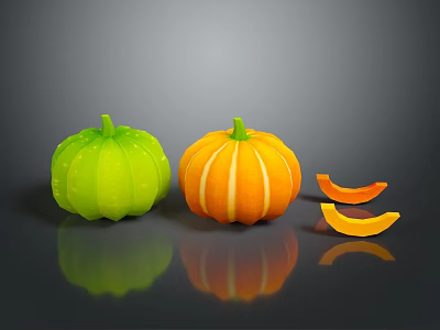 Fresh Green And Orange Pumpkins With Slices On Gray Background Reflection 3d model