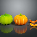 Fresh Green And Orange Pumpkins With Slices On Gray Background Reflection