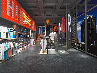 Modern Clothing Store Interior With Mannequins T Shirt Displays And Urban City View 3d model
