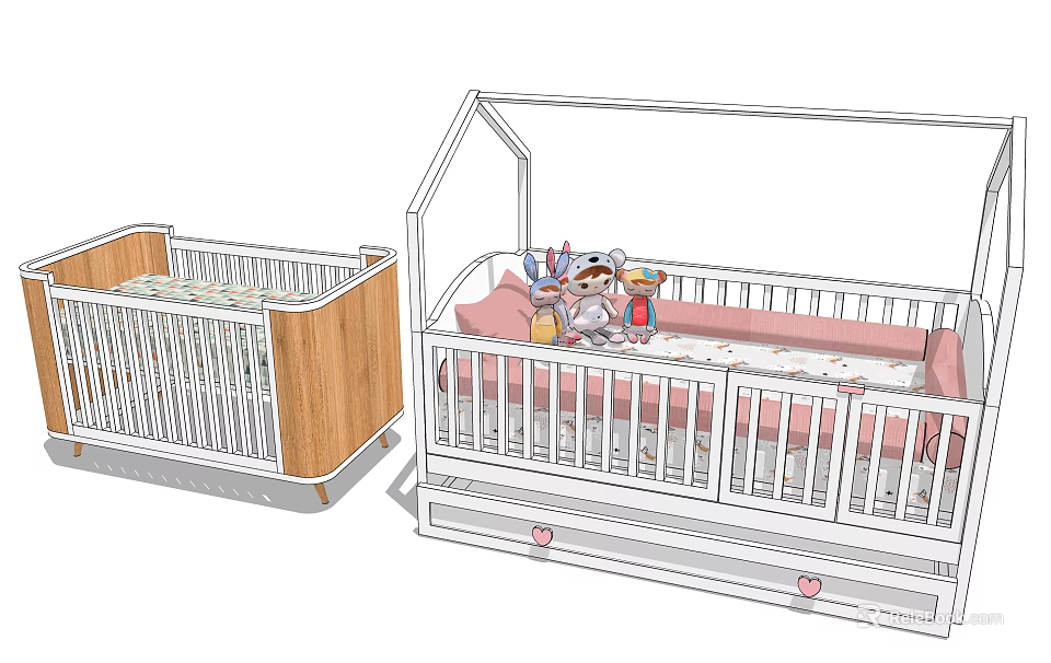 White Wooden Baby Cribs With House Shaped Top Stuffed Toys Pink Accents And Drawers 3d model 