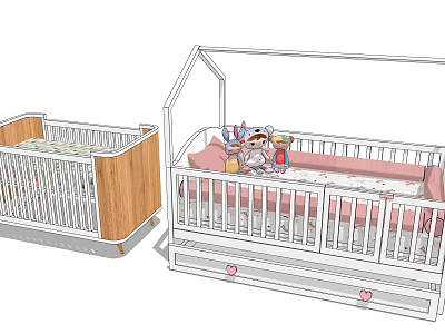 White Wooden Baby Cribs With House Shaped Top Stuffed Toys Pink Accents And Drawers 3d model