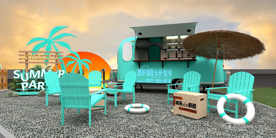 Light Blue Outdoor Table with Chairs Near Camping Food Truck Palm Trees Sunset 3d model 