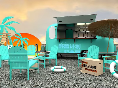 Light Blue Outdoor Table with Chairs Near Camping Food Truck Palm Trees Sunset 3d model